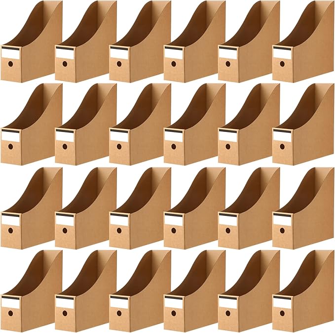 Thenshop 24 Pcs Cardboard Magazine File Holder Organizer, Desk File Organizer Box Foldable Book Bin Papers Storage Folder with Label for School Classroom Office Supplies(Classic,Brown)