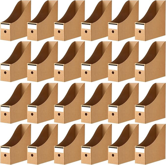 Thenshop 24 Pcs Cardboard Magazine File Holder Organizer, Desk File Organizer Box Foldable Book Bin Papers Storage Folder with Label for School Classroom Office Supplies(Classic,Brown)
