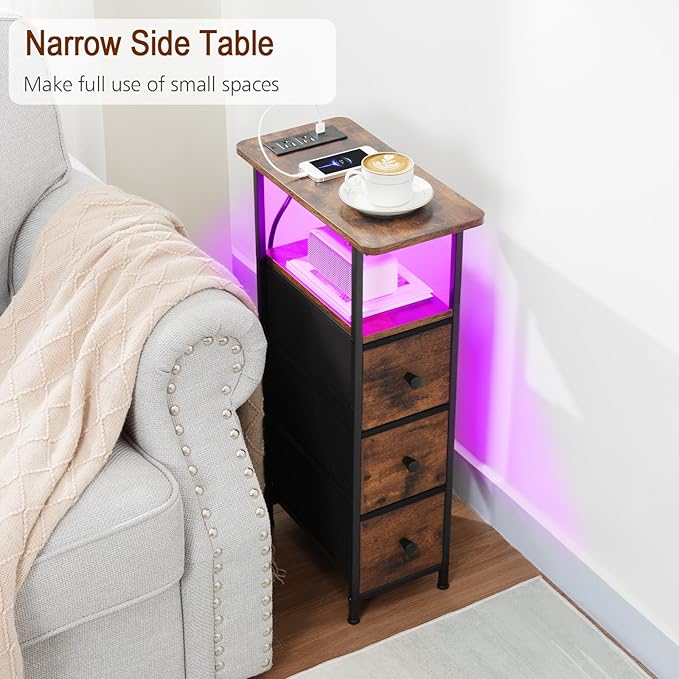 LOAKEKEL Narrow End Table Living Room with Charging Station, Skinny Side Table with Fabric Drawers, Slim LED Nightstand for Bedroom, Small Spaces, Couch, Brown, HETNDP03LBR-1