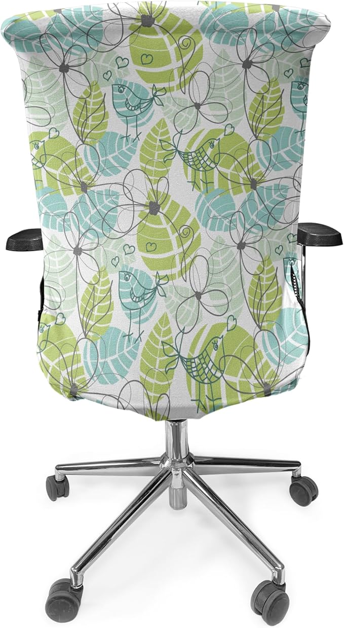 Ambesonne Leaves Office Chair Cover, Doodle Birds and Flowers with Foliage Hearts Ornamental Print, Stretchable Decorative Universal Size High Back Printed Slipcover, Charcoal Dimgrey