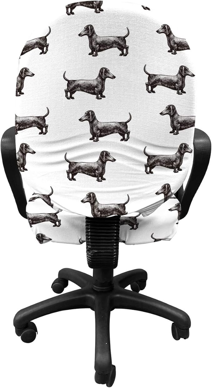 Ambesonne Dachshund Office Chair Slipcover, Pattern Lines with Sausage Dog Looking Different Directions, Protective Stretch Decorative Fabric Cover, Standard Size, Grey White