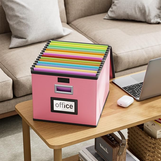Portable Leather File Organizer Storage Boxes, Collapsible File Folder Organizer Boxes with Lids, Document Organizer, Decorative Filing Box Cabinet for Letter/Legal File Folder Storage