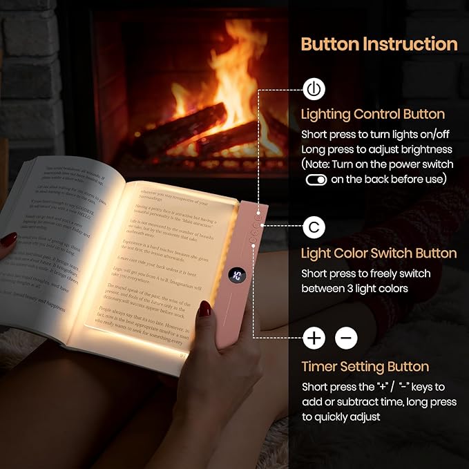 Flat Book Light, Rechargeable Clear LED Smart Reading Light with 3 Colors & Timer, Dimmable Full Page Panel Plate Lamp, Eye Protection, Portable Flat Reading Light for Bedside, Travel, Study (Pink)