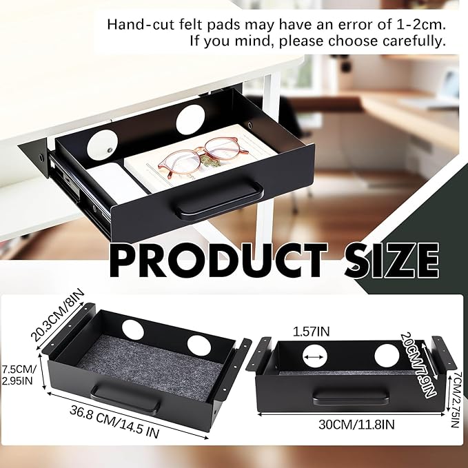 2 Pack Under Desk Slide out Drawer Storage Shelf, Carbon Steel Tray with Mute Felt Sheets, Pull out Organizer for Office Home Workstation Gaming Stand Desk, not easy to break,13×8×2.8 In(Black)