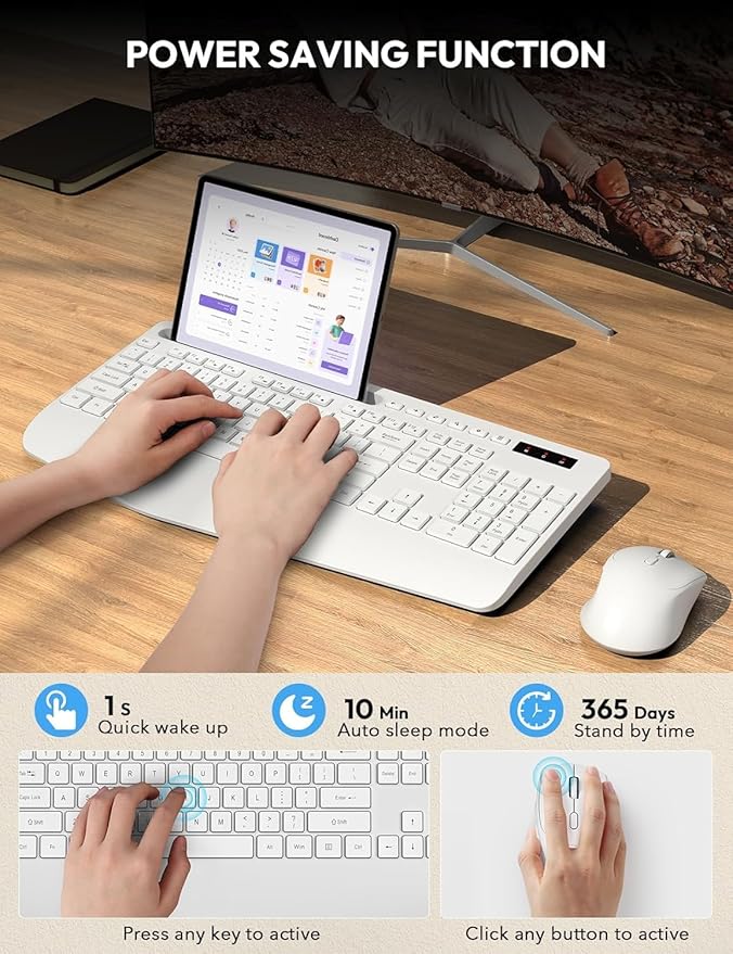 SABLUTE Wireless Keyboard and Mouse, Wrist Rest, Phone Holder, Batteries Included, 2.4G Lag-Free Ergonomic Keyboards Mouse Combo, Silent Keyboard Cordless Set for Computer, Laptop, PC, Windows, White