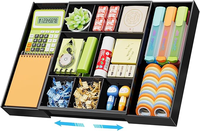 Marbrasse Expandable Desk Drawer Organizer, Clear Plastic Drawer Organizer Tray with 10 Adjustable Compartments, Desk Organizers and Accessories, 5 Drawer Dividers for Office Supplies, Makeup(Black)