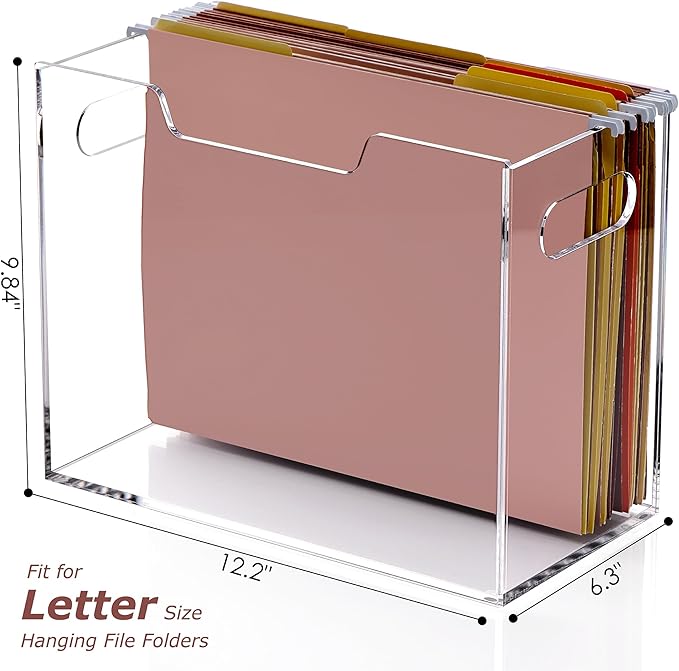 DINGHUO Hanging File Organizer, Acrylic File Holder with Handles, No Assembly Required, Clear File Crate Storage Box for Desk Office, Fits Standard Letter Size 8.5"x11" Folders