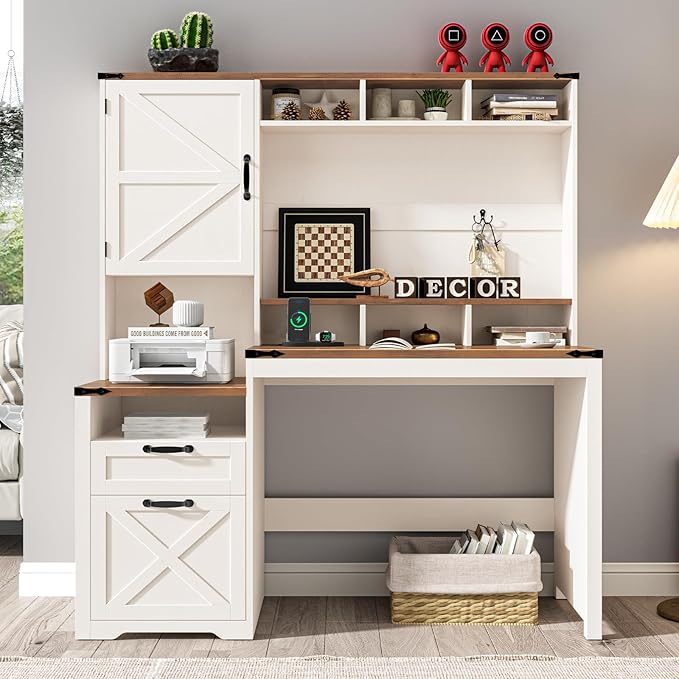 Vabches 51" Executive Desk Farmhouse Home Office Desk with Charging Station, File Drawer, Storage Cabinet, Monitor Stand, Wood Computer Desk with Hutch for Work Study Writing (Rustic White)
