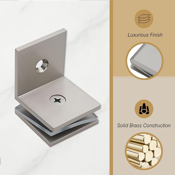 Brass Glass Clamp, for 5/16"–1/2" (8–12mm) Glass, Wall or Floor Mount Fixed Clips, Brushed Nickel