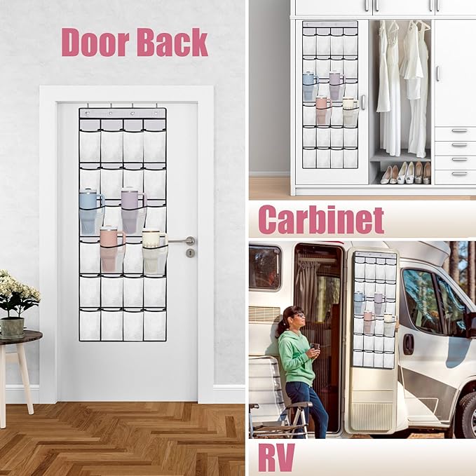 Cup Organizer for Stanley Cup, 24 Pockets Large Capacity Cups Holder for Stanley Tumbler, Portable Foldable Hanging Bag for Cabinet Wall Door RV, Kitchen Storage Accessories for Stanley Cup White