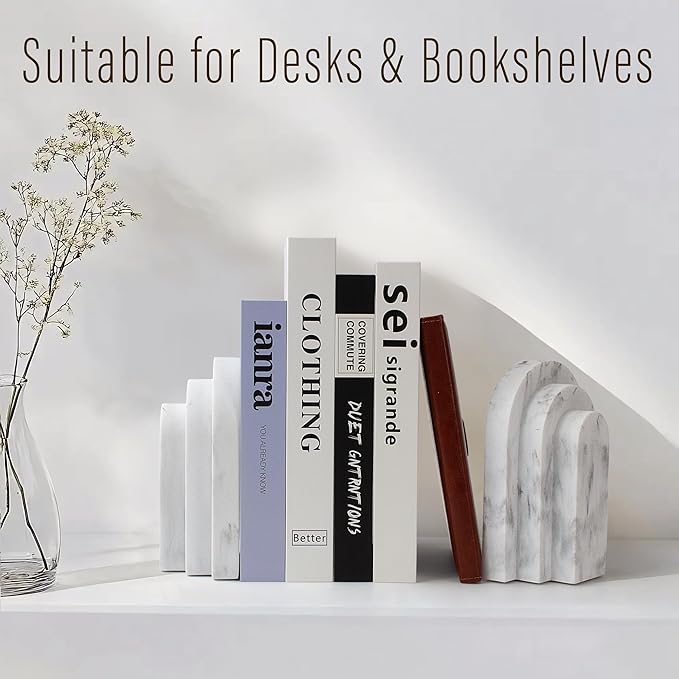Heavy Duty Bookends for Shelves, 6.6 LBS Heavy Book Ends for Heavy Books, Decorative Modern Bookends with Faux Marble Look, Layered Arch Book Stopper for Bookshelf Holder Set of 2, Marble White