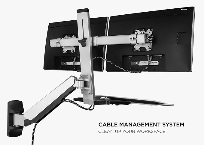 Mount-It! Dual Monitor Wall Mount Workstation with Keyboard Tray & CPU Holder, Sit-Stand Gas Spring Computer Station, Fits Two 27” Displays, 17.6 lbs Each, VESA 75x75 100x100