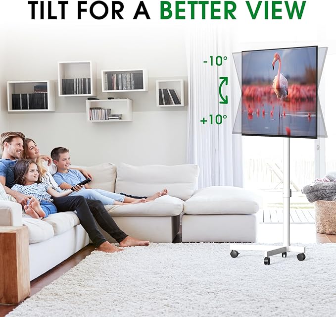 Mobile TV Cart Rolling TV Stand for 23-60 Inch LCD LED OLED Flat Curved Screens up to 88 lbs, Height Adjustable Portable TV Stand on Wheels, Outdoor TV Stand Mount, Max VESA 400x400mm, White