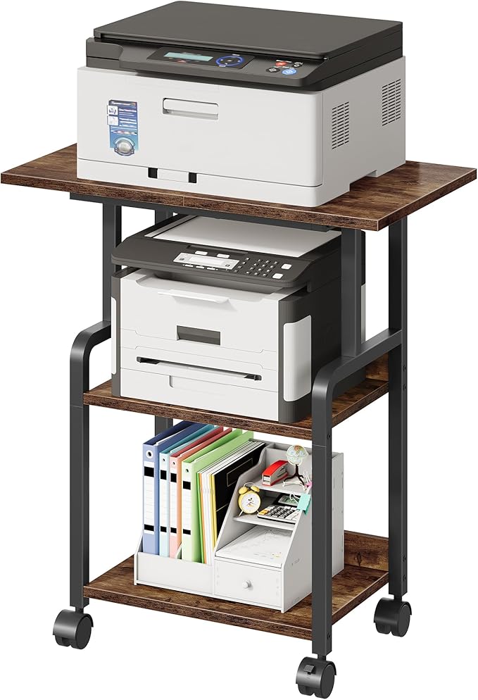 CHOEZON 23.6-in Printer Stand with Storage, 3-Tier Printer Table for Home Office, Printer Cart Under Desk Storage, Suitable for Study, Kitchen, Living Room, Rustic Brown and Black TPS02BF
