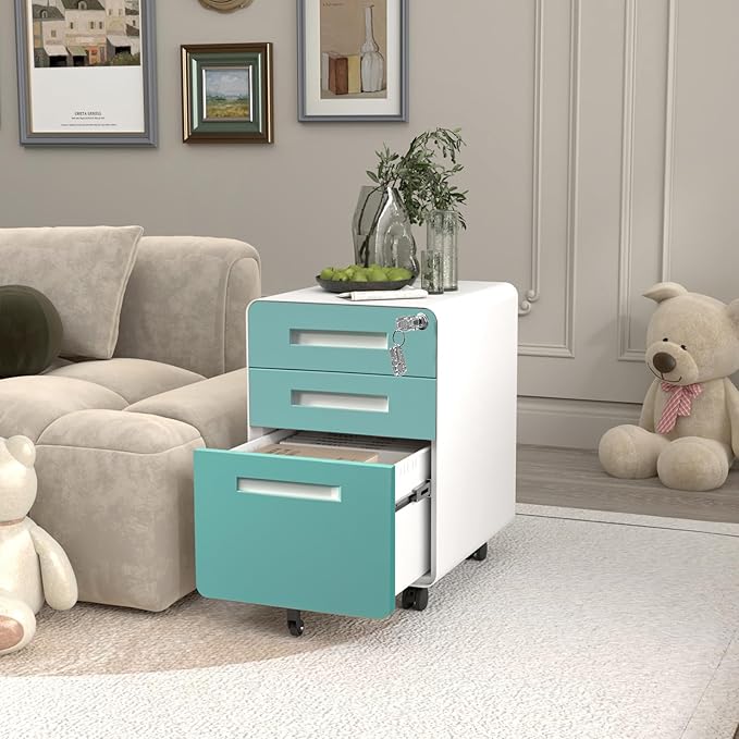 3 Drawer Mobile File Cabinet with Lock, Under Desk Metal Filing Cabinets with Wheels for Home Office Organizer Letters/Legal/A4, Fully Assembled