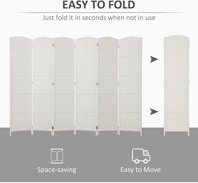 HOMCOM Room Divider 6 Panel, 6FT Tall Folding Privacy Screen, Freestanding Hand-Woven Partition for Room Separation with 360° Hinges, Paper Rope Diamond Weave, White