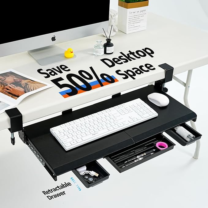 Large Height Adjustable Keyboard Tray with Sturdy C-Clamp Mount and Storage Drawer, 27"(31"Including Clamps) x 12" Slide Out Ergonomic Keyboard Trays for Home and Office, Black