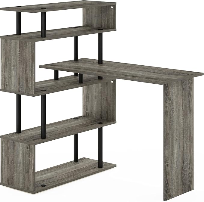 Furinno Classic L Shape Computer Desk, Gaming Desk, Office Desk with 5-Tier Shelves, 40" Wide, for Home Office, Study, Gaming, Grey Oak
