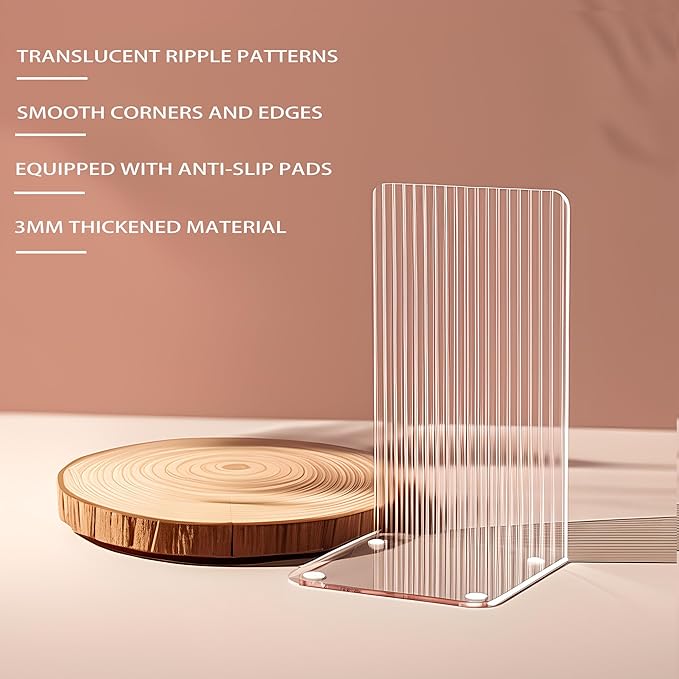 Book Ends for Shelves 8 Pcs Acrylic Bookends Clear Unique Rippled Pattern Book Holder Stand for Heavy Books Home Office School Organizer and Desktop Decorative