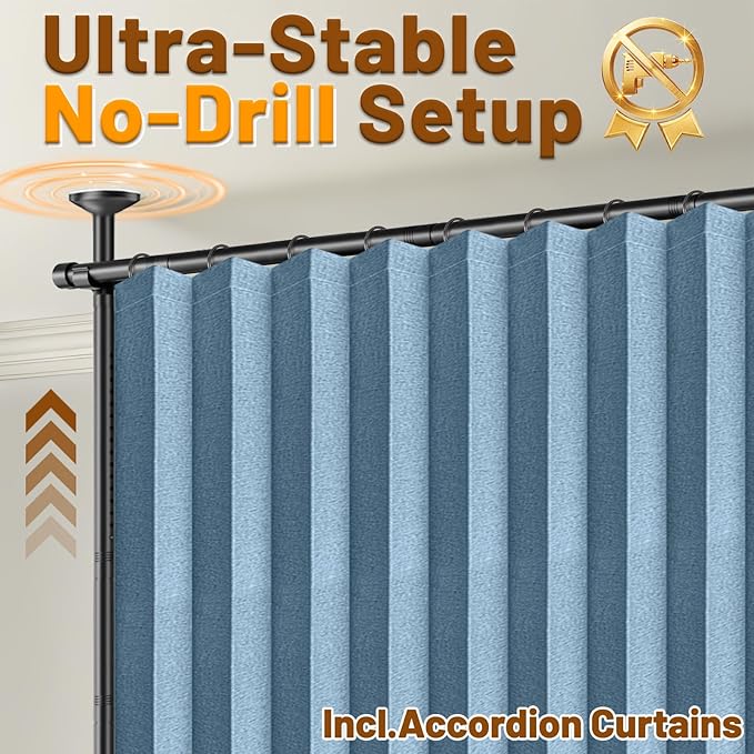 AJAZZ Room Divider Curtain (2 Panels, Blue, W100 x L84 in)+ Tension Curtain Rod No Drilling (H) 43-120×(W) 35-200 in, for Privacy/Soundproof Curtains, Heavy Duty Wall Separator