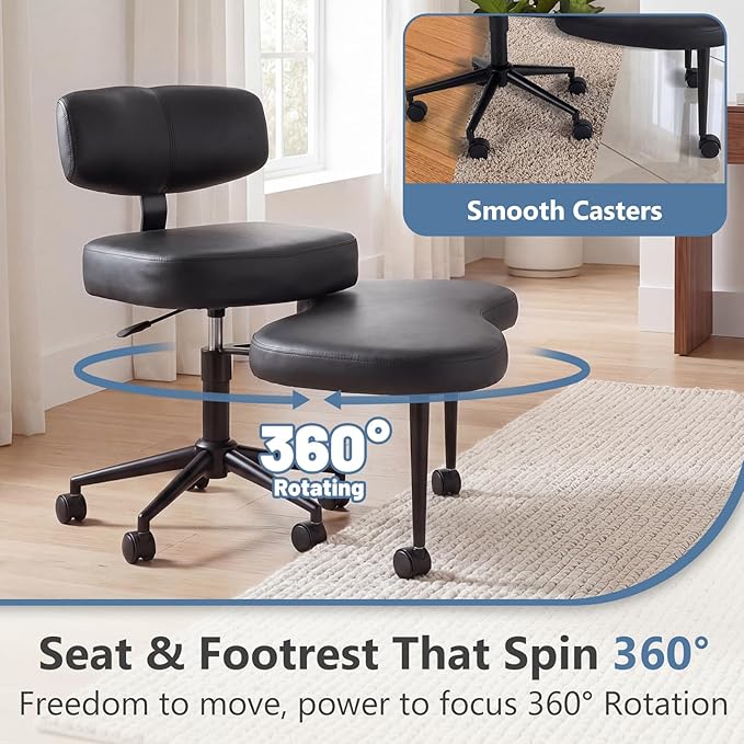 DUMOS Ergonomic ADHD Cross Legged Office Desk Chair with Adjustable Backrest, Height Adjustable Meditation Chair with 360° Swivel Footstool, PU Leather Yoga Stool for Home Office, PU Black