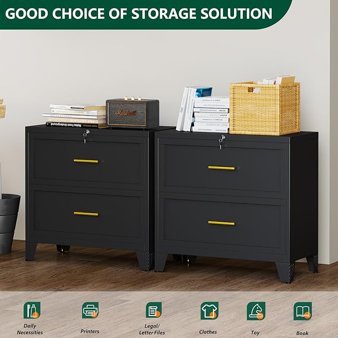 winiowa 2 Drawer File Cabinet, Metal Lateral File Cabinet with Lock, Locking Filing Cabinets for Home Office,Wide Office Storage Cabinet for Hanging Files Letter/Legal/F4/A4 Size (Black, 2-Drawer)