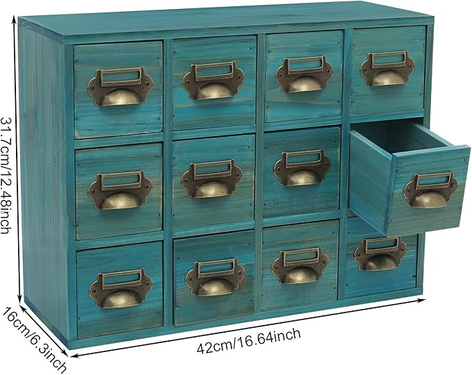 12 Drawer Drawers Storage Cabinet, Wooden Medicine Cabinet Desktop Drawer Organizer Herb Storage Box with Solid Wood Build & No Assembly for organize spices medicines jewelry cosmetics(Blue)