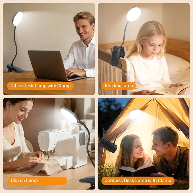 Cordless Clip on Desk Lamp with Clamp, 30 Lighting Modes (6 Colors x 5 Dimming Levels) Eye-Protect 450 Lumen, 360° Flexible Gooseneck & Foldable, Clip on Light for Bed Headboard / Puzzle,Black 1 Pcs