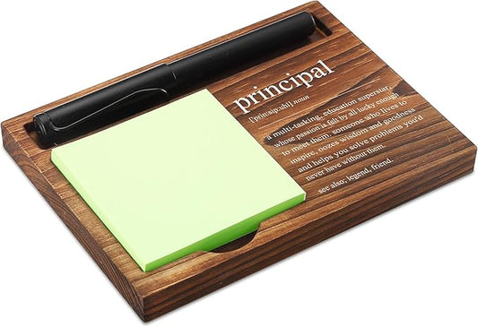 Principal Sticky Note Holder Wooden Notepad & Pen Holder 6.5" x 4.7" Sticky Note Pad Holder Dispenser for Desk Principal Definition Work Gifts, NPA186