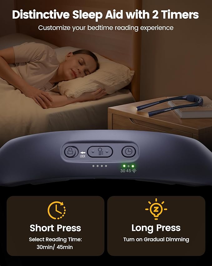 Glocusent Ergonomic Reading Lights for Books in Bed, 1600mAh Rechargeable Book Light for 100 Hrs - 3 Colors & 5 Brightness, Neck Light with Timers, Sleep Aid & Travel Lock