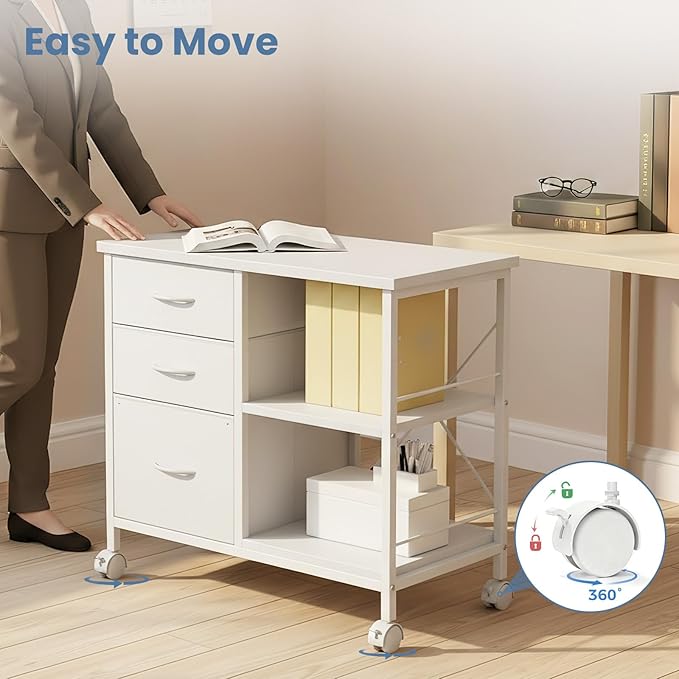 DUMOS File Cabinet, Mobile Storage Cabinet with 3 Drawers and Back Support Bar, Spacious Printer Stand with Storage Supporting 198 lbs for Home Office, White
