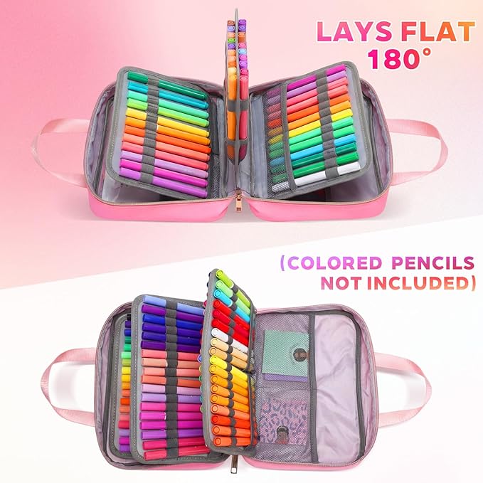 Hillban 108 Slots Large Colored Pencil Case with Chenille Letter Patch Extra Large Capacity Interlayer Pencil Holder Organizer with Handle Zipper Portable Storage Bag Graduation Gift for Artist(Pink)