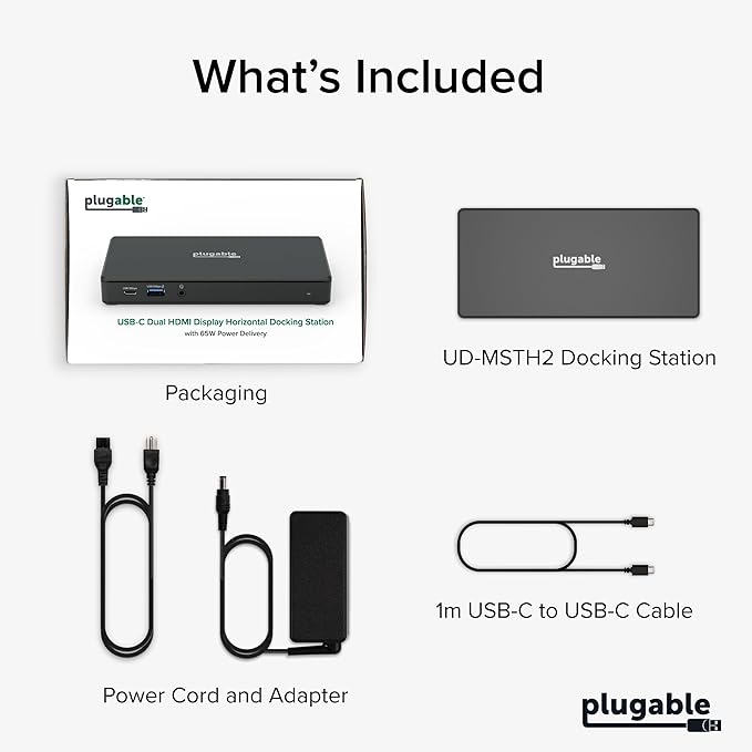Plugable USB-C Docking Station Dual 4K 60Hz HDMI, 65W Charging, Gigabit Ethernet, 1x USB-C 5Gbps, 3X USB-A, Audio, Windows/ChromeOS, USB-C/USB4/Thunderbolt, Driverless (UD-MSTH2)