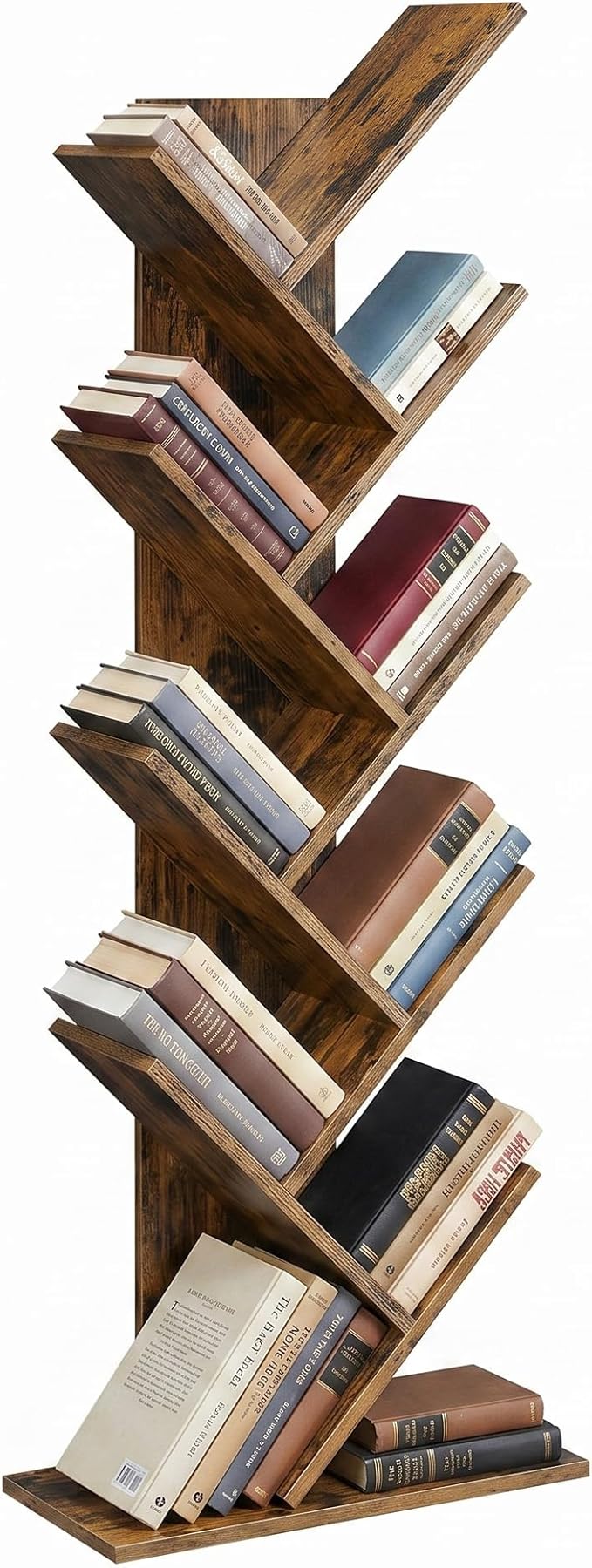 SONGMICS HOME 9 Tier Tree Bookshelf, Bookcase, Small Corner Shelf, Space Saving Book Tree for Home Office, Bedroom, Living Room, Brown