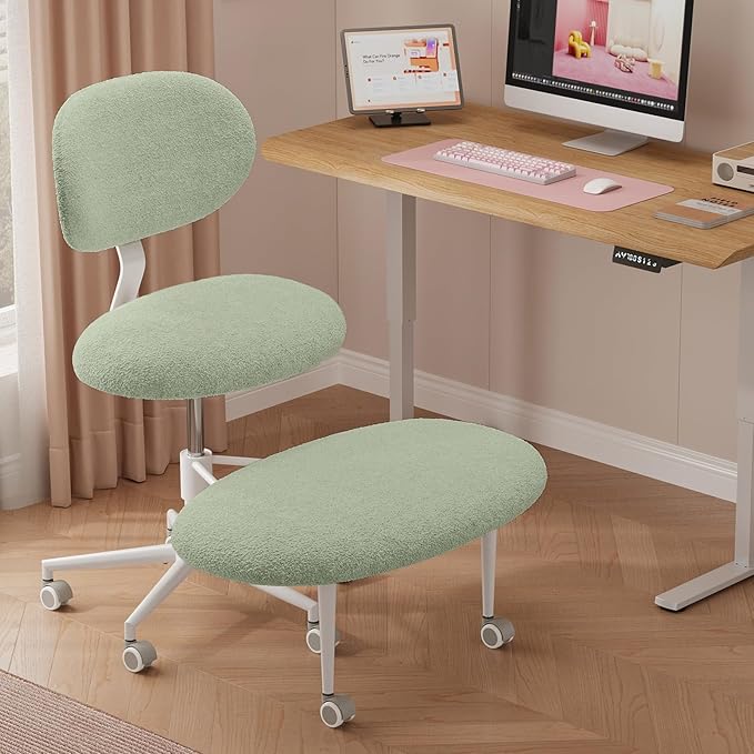 Pinmoco Ergonomic Cross Legged Office Chair with Wheels, ADHD Chair for Adults, Meditation Chair, Yoga Office Chair, Comfortable Back Support, Height Adjustable,Small Spaces, Teddy Fabric, Green