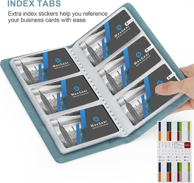 MaxGear Business Card Organizer Book, Holds 240 Cards, Portable PU Leather Business Card Holder with Clear Sleeves, Professional Card Binder for Office, Meetings, Networking, Gray Blue