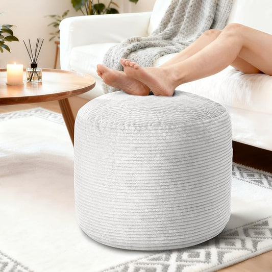 26" x 26" x 18" Pouf Ottoman Foot Rest, Pre-Stuffed Round Foot Stool with Odorless Shredded Memory Foam, Furry & Fluffy Corduroy Footrest for Living Room, Grey