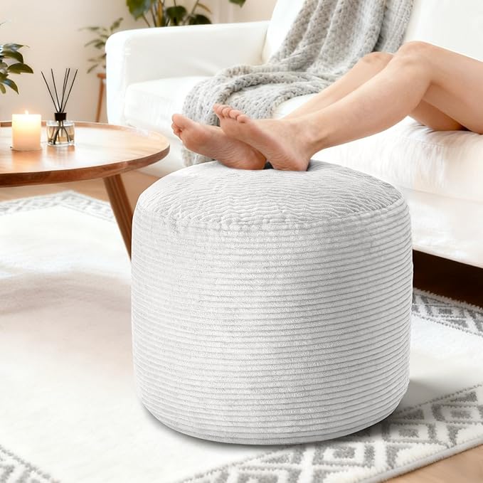 Round Pouf Ottoman Foot Rest, Pre-Stuffed Footrest Ottoman with Odorless Shredded Memory Foam, Soft Corduroy Floor Pouf for Living Room, Bedroom, Cozy Home Decor, Grey