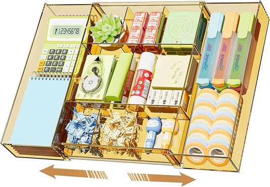 Marbrasse Expandable Desk Drawer Organizer, Clear Plastic Drawer Organizer Tray with 10 Adjustable Compartments, Desk Organizers and Accessories, 5 Drawer Dividers for Office Supplies(Clear Champagne)