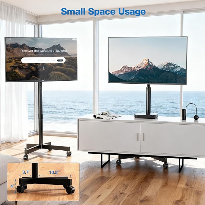 Mobile TV Cart, Floor TV Stand for 13-55 inch TVs with -10°/+15° Tilt Mount Holds up to 77 lbs, Rolling TV Cart for Flat/Curved Screens, Height Adjustable Portable TV Stand Max VESA 400x400mm