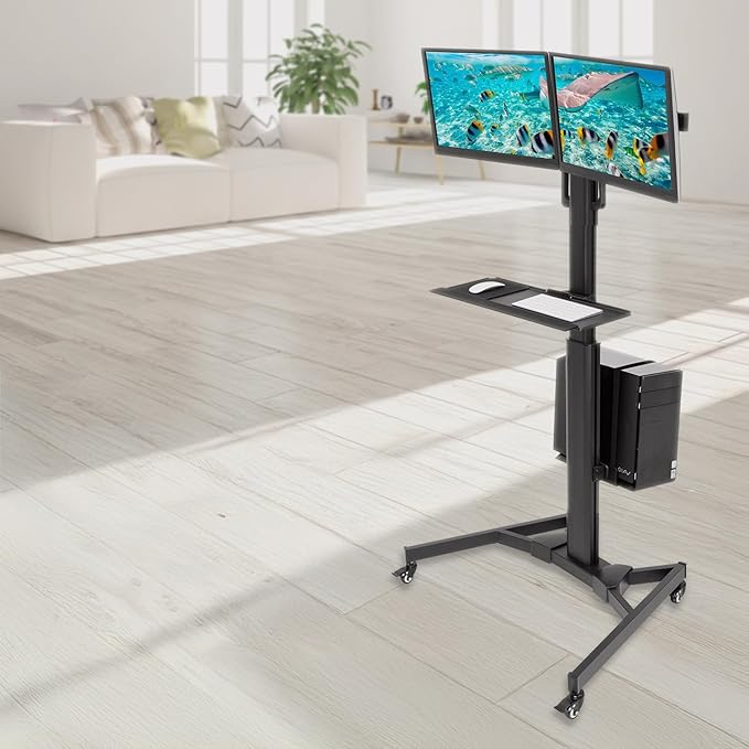 Mount-It! Dual Monitor Computer Cart – Mobile Standing Desk with Wheels, Rolling Workstation with Keyboard Tray, CPU Holder, and Adjustable Screen Mount for Office, Medical, or Warehouse
