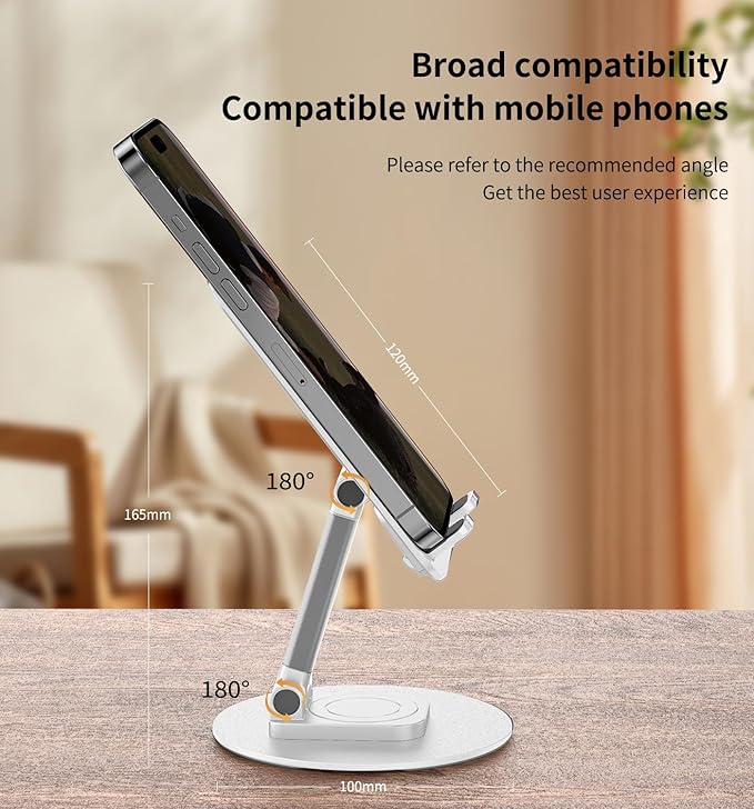 360° Rotating Cell Phone Stand for Desk, Adjustable & Foldable Phone Holder, Aluminum Desktop Phone Stand with Anti-Slip Base, Compatible with iPhone, iPad, Android Phones, K39B-White