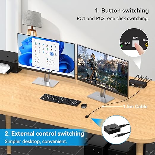 Displayport KVM Switch 2 Monitors 2 Computers 8K 60Hz 4K 120Hz Dual Monitor USB 3.0 KVM Switches for 4 USB Devices, Wired Extension Button,12V DC Adapter and USB3.0 Cables