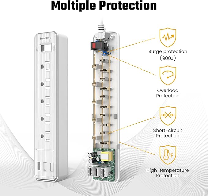 Power Strip, SUPERDANNY Surge Protector, 5 Outlets, 3 USB Ports, 4.5 Ft Extension Cord, 900 Joules, Mountable, Overload Switch, Protected Indicator Light, Multiple Protections for Home Office, White
