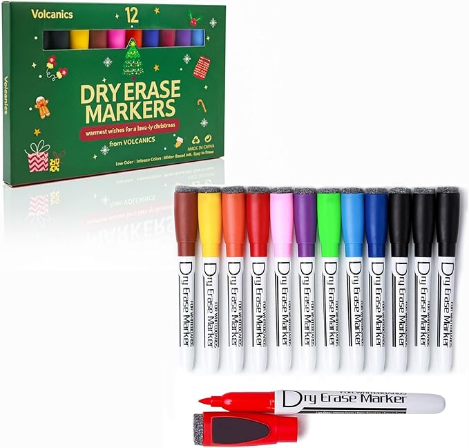 Volcanics Magnetic Dry Erase Markers Colored Set of 12 – Christmas Edition Whiteboard Markers with Erasers & Magnetic Caps, Perfect Stocking Stuffer for Teachers & Office