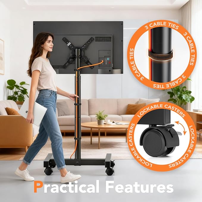 Mobile TV Floor Stand for 13-50 inch LCD LED Flat/Curved Panel Screen TVs up to 44 lbs, Height Adjustable TV Stand Mount with VESA 200x200, Portable TV Stand with Tilt Function HT1007BM