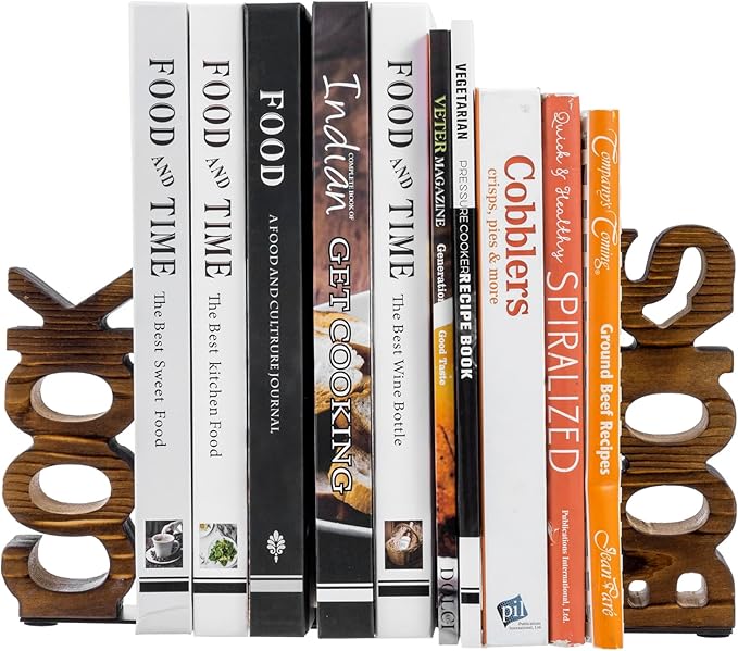 MyGift Rustic Burnt Wood Tabletop Cook and Books Decorative Bookends for Kitchen Countertop, Cookbook Display Holder 2 pc Set