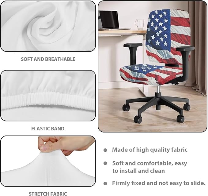 GLENLCWE Computer Office Chair Cover Protective American Flag Standard Size Easy to Install Seat Cushion Split Protectors Stretch Patriotic Decoration