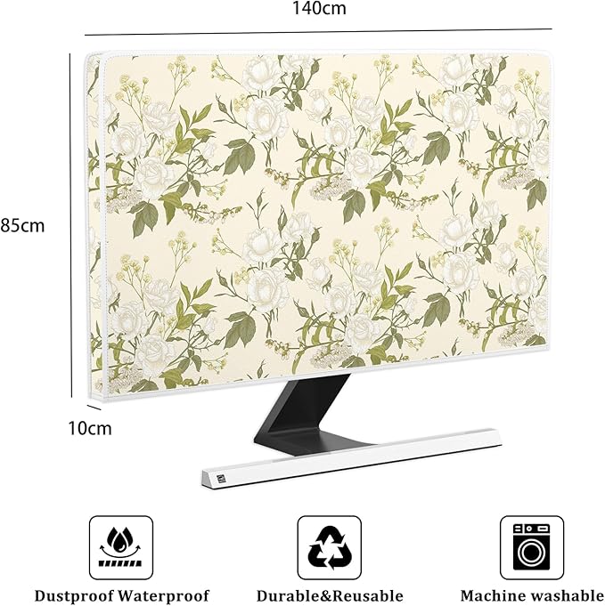 White Rose Flowers Waterproof 58, 59, 60 Inch TV Dust Cover Anti-Static Dustproof Protective Covers Spring Floral Screen TV Cover Sleeve Compatible with PC Desktop and TV,Green Leaves
