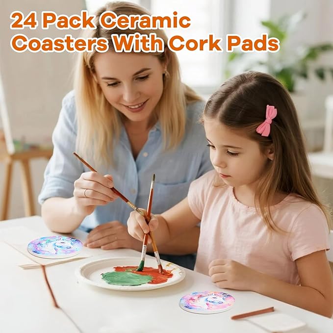 24 Pcs Round Ceramic Tiles for Crafts 4x4 White Ceramic Coasters for Crafts with Cork Backing Pads Blank Unglazed Tiles for Painting, Alcohol Ink, Acrylic Pouring, DIY Coaster